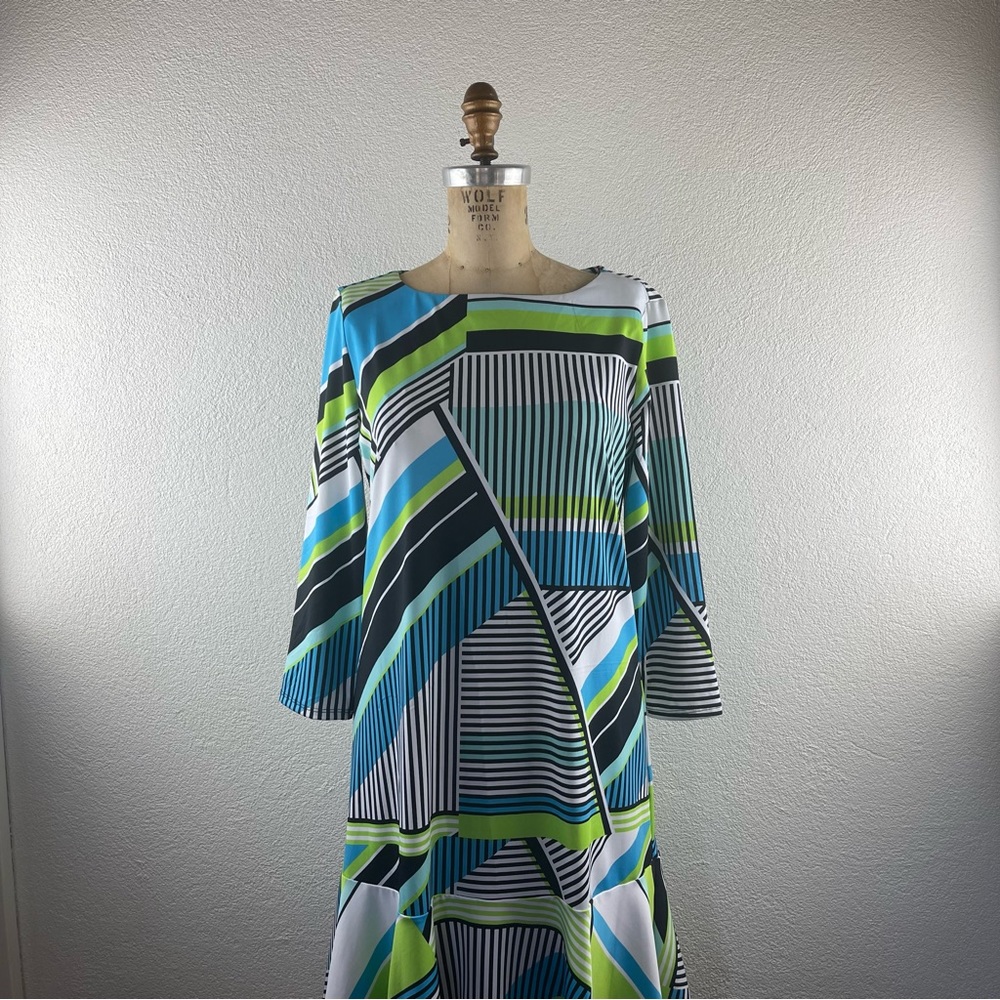 New Directions l PM Retro Diagonal Striped Ruffle Flounce Hem Stretch Knit Dress